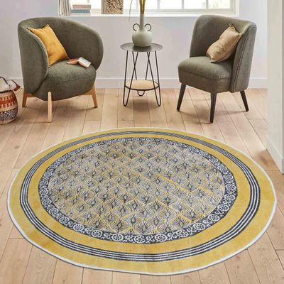 CASAVANI 6' Round Area Rug Kilim Rug Circle Handmade Boho Floral Mat Yellow Beige Cotton Thick 0.19 inches Easy Washable Flatweave for Small Bedside Round Kitchen Terrace Yoga Mat