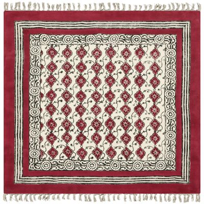 CASAVANI 4' x 4' Square Area Rug, Cotton Kilim, Red & Beige, Traditional, Geometric Pattern, Low Pile, Handmade, Washable