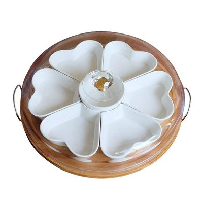 Appetizer Serving Tray with Bamboo Holder and Lid, Ceramic Divided Serving Platter with Food Picks, Relish Tray for Chips and Dip, Veggies, Candy and Snacks, Parties Y