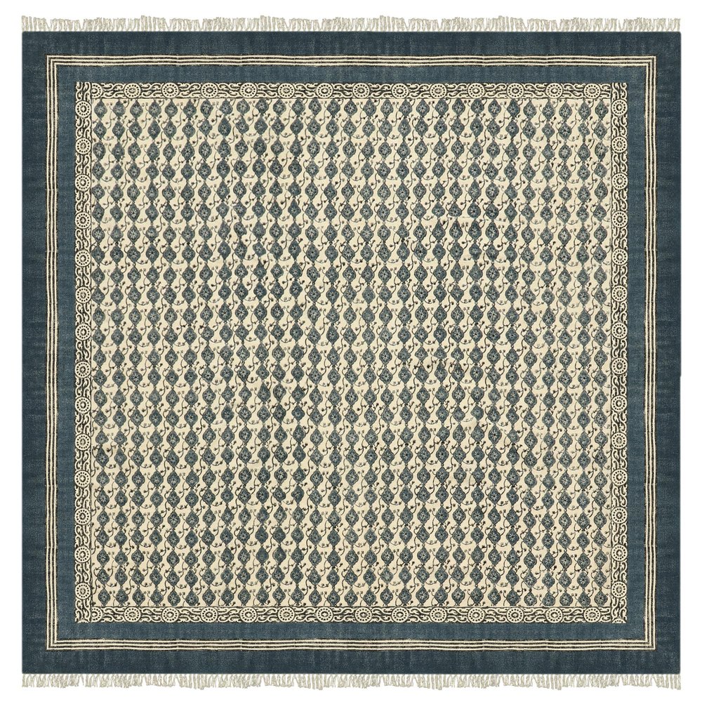 Area Rug 6' Square Rug Blue & Beige Dhurrie Floral Thick 0.19 inches Stone Easy Washable Rug Hand Wash Cotton Carpet Flatweave Rug Indoor Outdoor Rugs for Hall Room, Dining Room