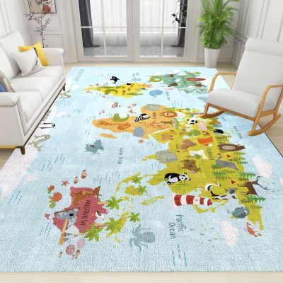 Cartoon Animal Map Area Rug, Fun World Map for Children's Enlightenment Non Slip Easy Care Kids Rugs, Breathable Durable Carpet for Indoor Bedroom Living Room Office Decor Rug - 5 ft x 6 ft