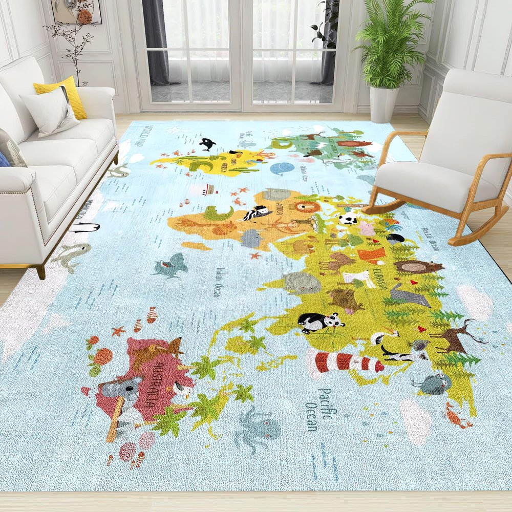 Cartoon Animal Map Area Rug, Fun World Map for Children's Enlightenment Non Slip Easy Care Kids Rugs, Breathable Durable Carpet for Indoor Bedroom Living Room Office Decor Rug - 5 ft x 6 ft