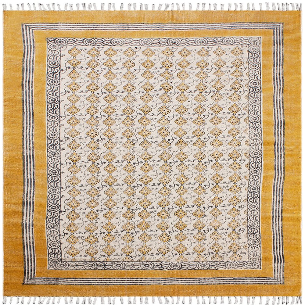 Kilim Rug 10x14 Area Rug Yellow & Beige Cotton Dhurrie Floral Thick 0.19 inches Stone Easy Washable Rug Hand Wash Cotton Carpet Flatweave Rug Indoor Outdoor Rugs for Living Room, Bedroom