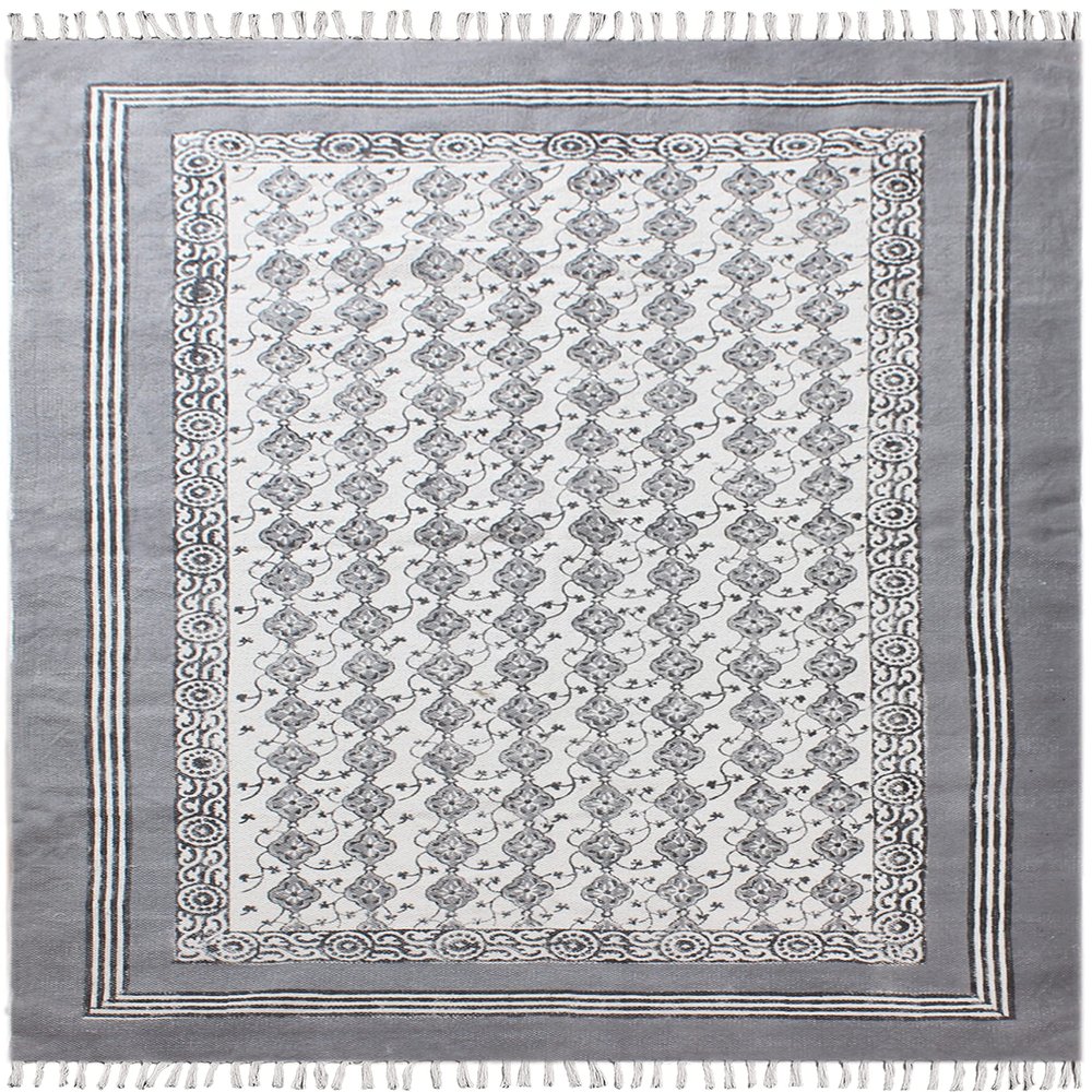 CASAVANI 3x3 Square Kilim Boho Floral Rug, Gray & Beige Cotton, 0.19 inches Thick, Easy Washable, Flatweave, Geometric Pattern, Indoor Use