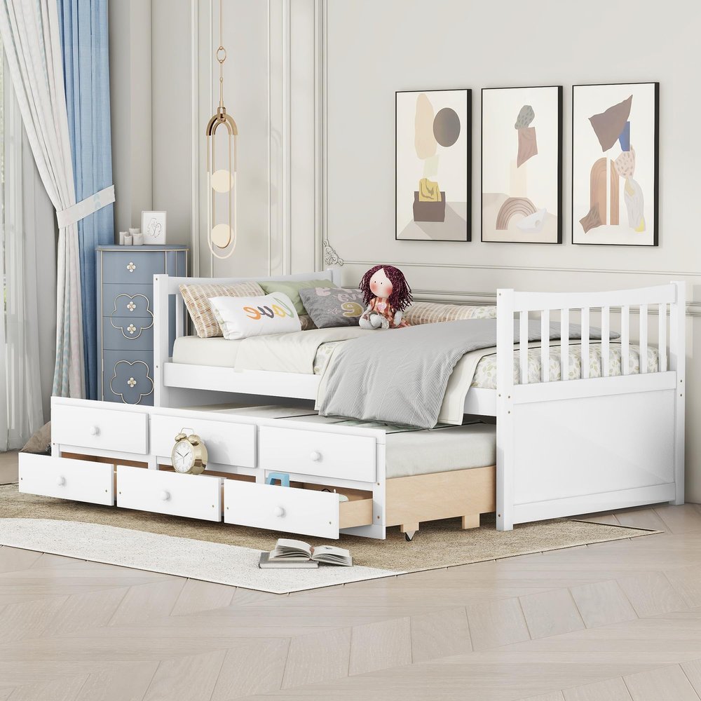 Harper & Bright Designs Twin Size Daybed With Trundle and 3 Storage Drawers, Wooden Captain's Bed Frame for Bedroom/Guestroom, No Box Spring Needed (White)