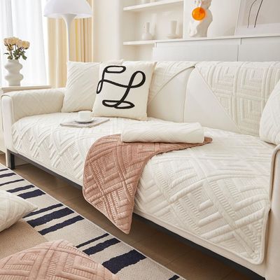 vctops Luxury Velvet Plush Couch Sofa Cover Geometric Quilted Sectional Couch Covers Anti-Slip Sofa Slipcovers for Dogs Cats Kids Loveseat Recliner L Shaped Armrest Backrest (Cream,28"x82")