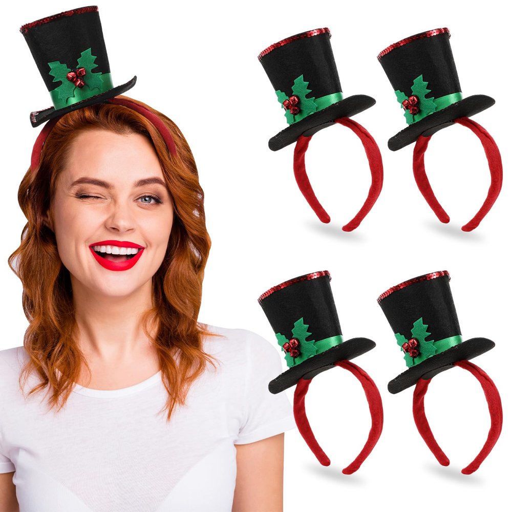 Hiboom 4 Pcs Christmas Mini Top Hat Headband Glitter Sequins Christmas Headband Cute Topper Holiday for Women Costume Headwear Annual Holiday Party Accessory
