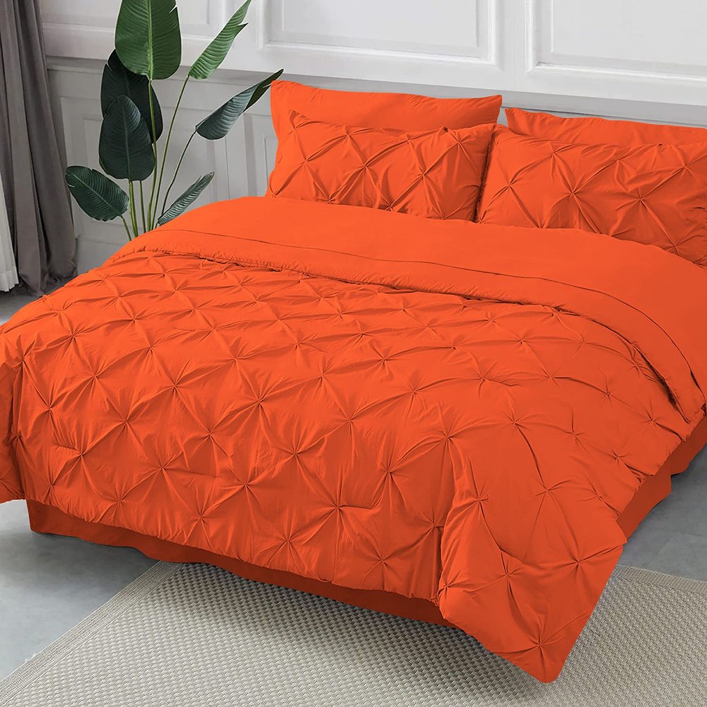 OnlineChoiceSheet Pinch Pleated Bedding Comforter Sets for Bed Orange 8 Pieces Pintuck Bed in a Bag, Queen Comforters, Sheets, Bedskirt, 12" Deep Pocket Shams & Pillowcases
