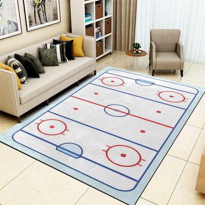 Blue Red Ice Hockey Rink Kids Rug, 6x8ft, Sports Field Event Indoor Area Rugs, with Non-Slip Backing Flannel Thin Rug, Washable Non-Slip Carpets for Boys Girls Bedroom Nursery