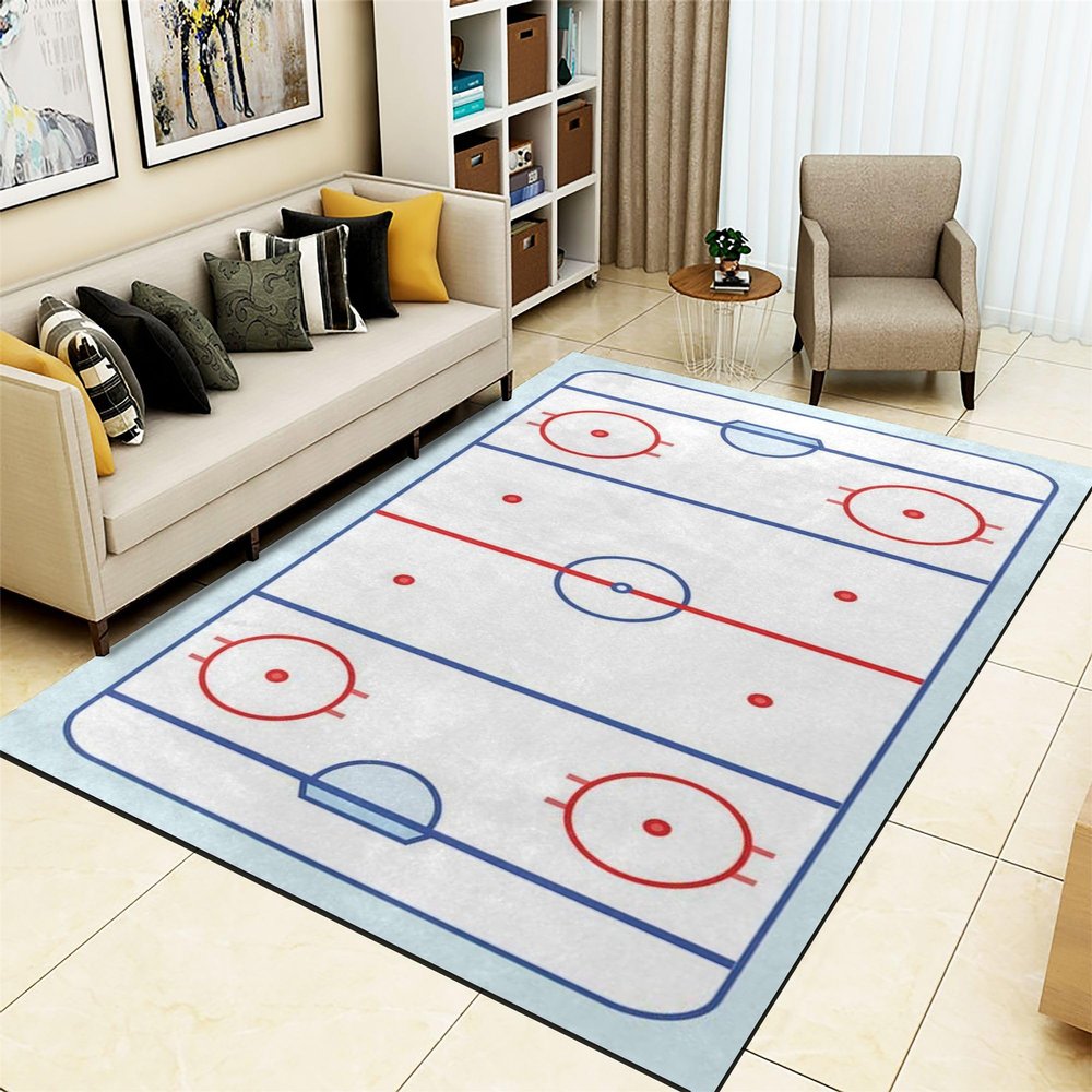 Blue Red Ice Hockey Rink Kids Rug, 6x8ft, Sports Field Event Indoor Area Rugs, with Non-Slip Backing Flannel Thin Rug, Washable Non-Slip Carpets for Boys Girls Bedroom Nursery
