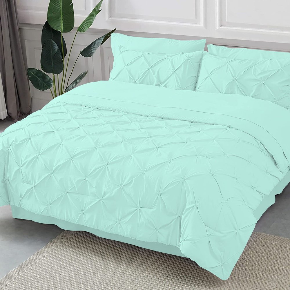 Epic Cotton - Olympic Queen Bed (Aqua) Color, Comforters, Sheets, Bedskirt, Pillowcases & Shams - 12" Deep Pocket 8 Pieces Pintuck Bed in a Bag, Pinch Pleated Bedding Comforter Sets for