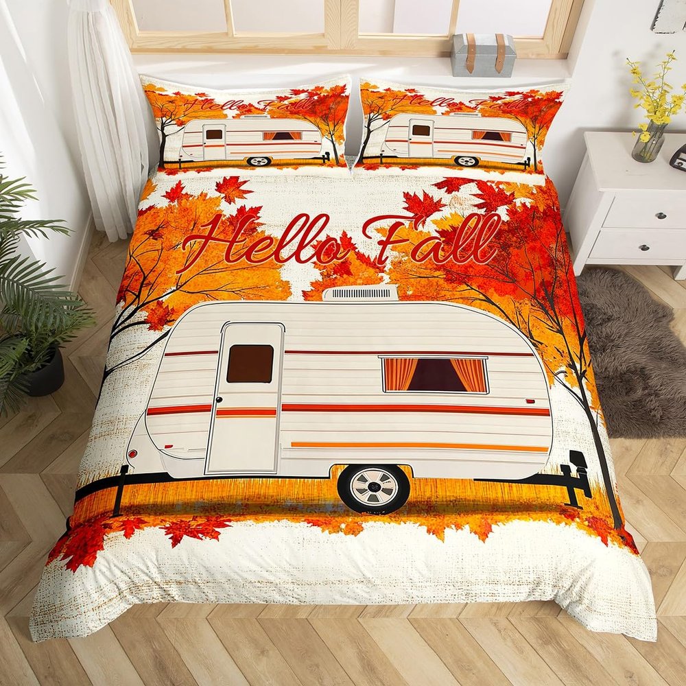Fall Decor Bedding Set Full for Boys Girls Thanksgiving Day Gifts Duvet Cover Rustic Farm Maple Leaf Print Comforter Cover Hello Fall Autumn Harvest Theme Bedspread Cover Happy Camping Bedding 3 Pcs