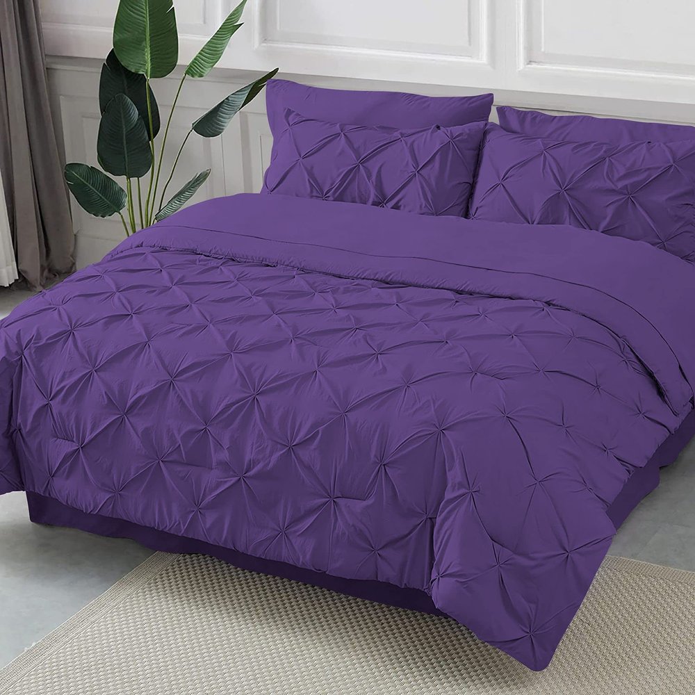 Epic Cotton - Pinch Pleated Bedding Comforter Sets for Comforters, Sheets, Bedskirt, Pillowcases & Shams - 21" Deep Pocket 8 Pieces Pintuck Bed in a Bag, Super King Bed (Purple) Color,