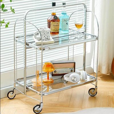 2-Tier Mobile Serving Cart, Foldable Storage Cart On Wheels Tempered Glass Bar Cart Powder-Coated Metal Frame Trolley For Living Room, Kitchen, Party Living Room Sofa Side Table ( Color : Gray , Size
