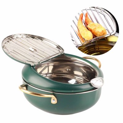 Deep Fryer Pot, Japanese Tempura Small Deep Fryer Stainless Steel Frying Pot With Thermometer, Lid And Oil Drip Drainer Rack For French Fries Shrimp Chicken Wings And Shrimp Deep Green