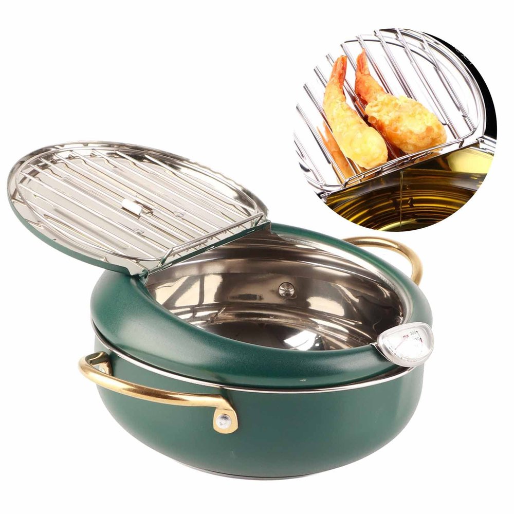 Deep Fryer Pot, Japanese Tempura Small Deep Fryer Stainless Steel Frying Pot With Thermometer, Lid And Oil Drip Drainer Rack For French Fries Shrimp Chicken Wings And Shrimp Deep Green