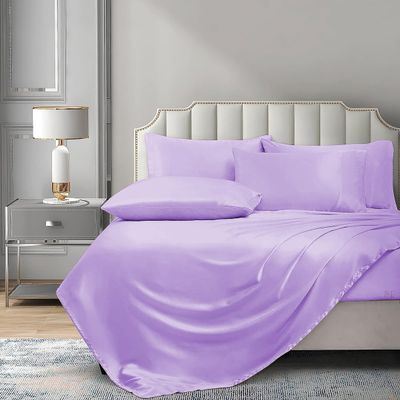 PURE ECO 6 Piece Satin Sheet Set Twin Size (39x75)+ 10 to 18 Inch Deep Pocket Lilac Color Twin Satin Bed Sheets Luxury Silky & Soft - 1 Fitted Sheet, 1 Flat Sheet, 4 Pillowcases