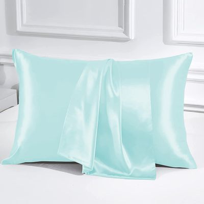 PURE ECO Luxurious 2 Piece Pillowcase Silk Satin Pillow Cover Standard Size, Long-Staple Soft & Silk Pillowcase for Hair and Skin, Envelope Closure(Standard 20" x 26", Aqua Blue)