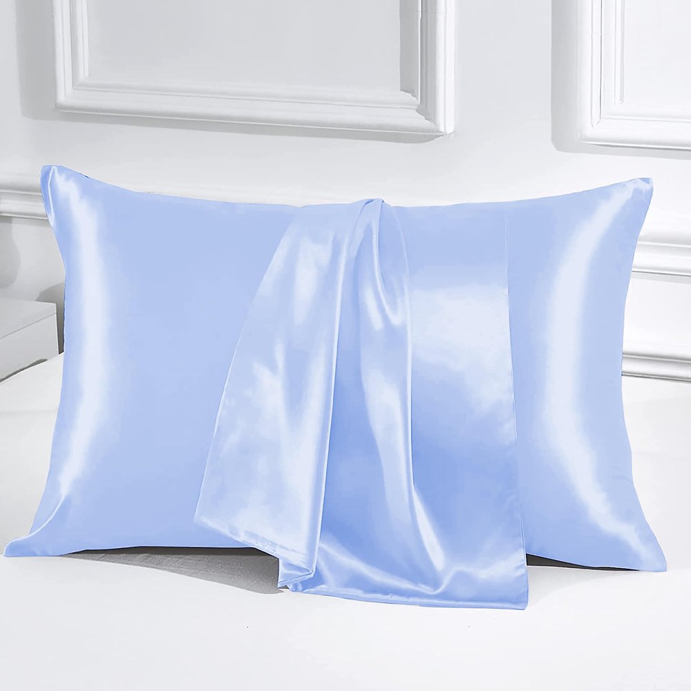 PURE ECO Luxurious 2 Piece Pillowcase Silk Satin Pillow Cover Standard Size, Long-Staple Soft & Silk Pillowcase for Hair and Skin, Envelope Closure(Standard 20" x 26", Light Blue)