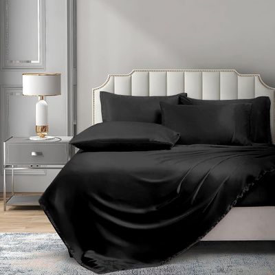 PURE ECO 6 Piece Satin Sheet Set Full Size (54x75)+ 10 to 18 Inch Deep Pocket Black Color Full Satin Bed Sheets Luxury Silky & Soft - 1 Fitted Sheet, 1 Flat Sheet, 4 Pillowcases