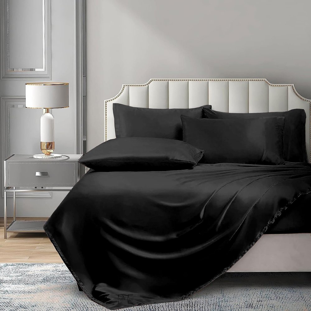 PURE ECO 6 Piece Satin Sheet Set Full Size (54x75)+ 10 to 18 Inch Deep Pocket Black Color Full Satin Bed Sheets Luxury Silky & Soft - 1 Fitted Sheet, 1 Flat Sheet, 4 Pillowcases