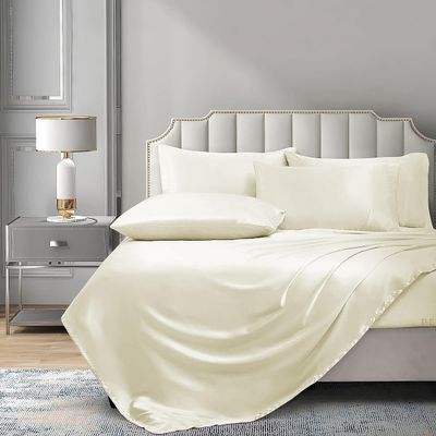 PURE ECO 6 Piece Satin Sheet Set Twin XL Size (39x80)+ 10 to 18 Inch Deep Pocket Ivory Color Twin Satin Bed Sheets Luxury Silky & Soft - 1 Fitted Sheet, 1 Flat Sheet, 4 Pillowcases