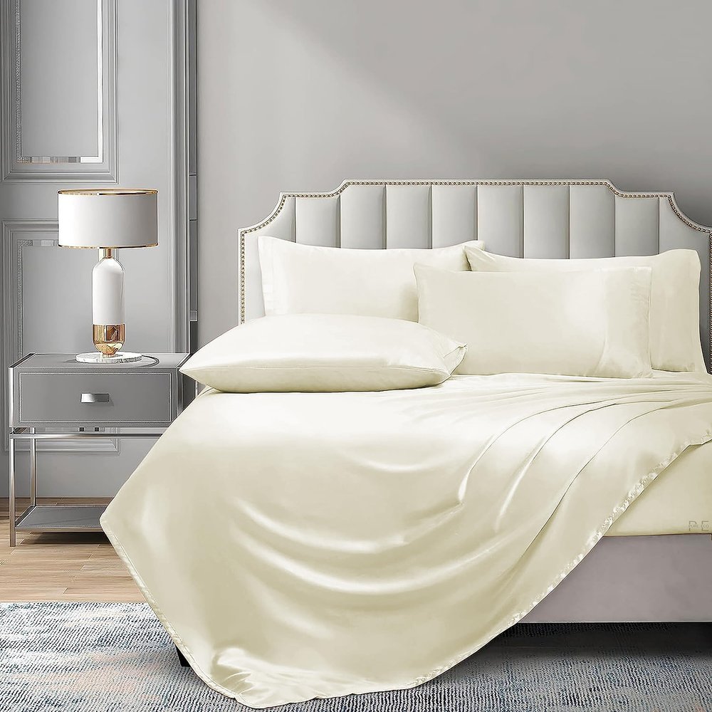 PURE ECO 6 Piece Satin Sheet Set Twin XL Size (39x80)+ 10 to 18 Inch Deep Pocket Ivory Color Twin Satin Bed Sheets Luxury Silky & Soft - 1 Fitted Sheet, 1 Flat Sheet, 4 Pillowcases