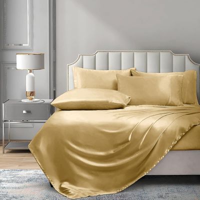 PURE ECO 6 Piece Satin Sheet Set Twin XL Size (39x80)+ 10 to 18 Inch Deep Pocket Gold Color Twin Satin Bed Sheets Luxury Silky & Soft - 1 Fitted Sheet, 1 Flat Sheet, 4 Pillowcases