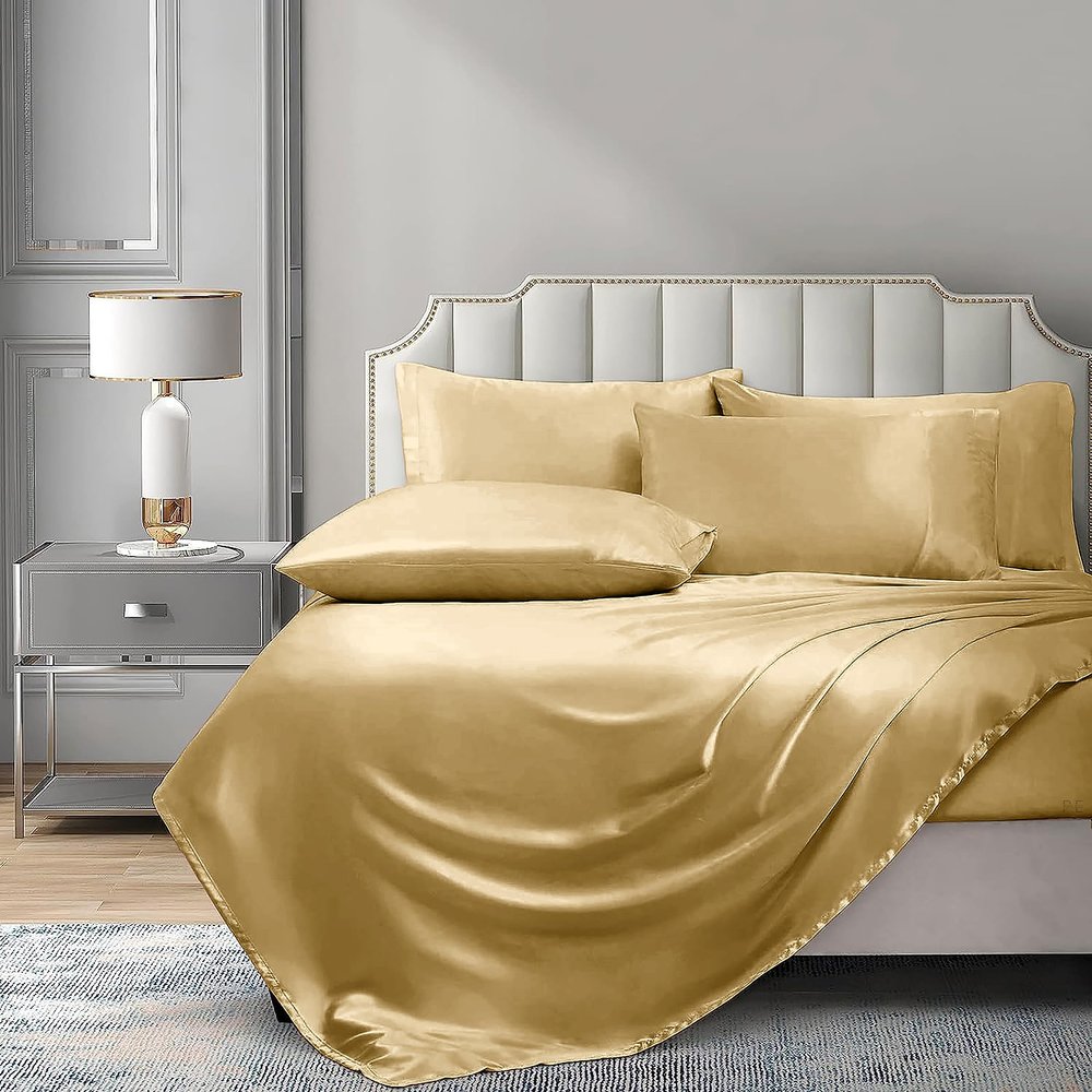 PURE ECO 6 Piece Satin Sheet Set Twin XL Size (39x80)+ 10 to 18 Inch Deep Pocket Gold Color Twin Satin Bed Sheets Luxury Silky & Soft - 1 Fitted Sheet, 1 Flat Sheet, 4 Pillowcases