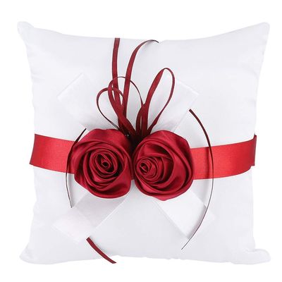 Tyenaza Wedding Pillow Set, White Stylish Wedding Ring Pillow with Artificial Rose Flower Ribbon Decor Wedding Props