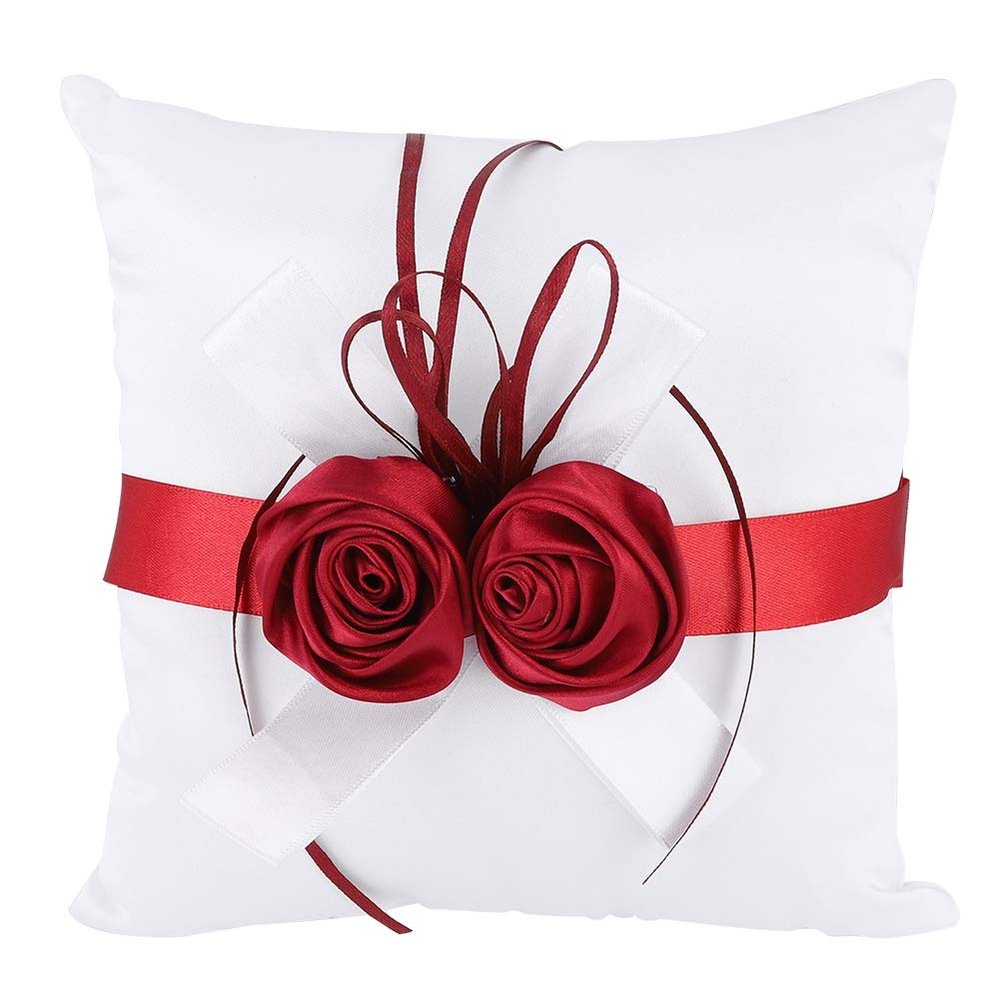 Tyenaza Wedding Pillow Set, White Stylish Wedding Ring Pillow with Artificial Rose Flower Ribbon Decor Wedding Props