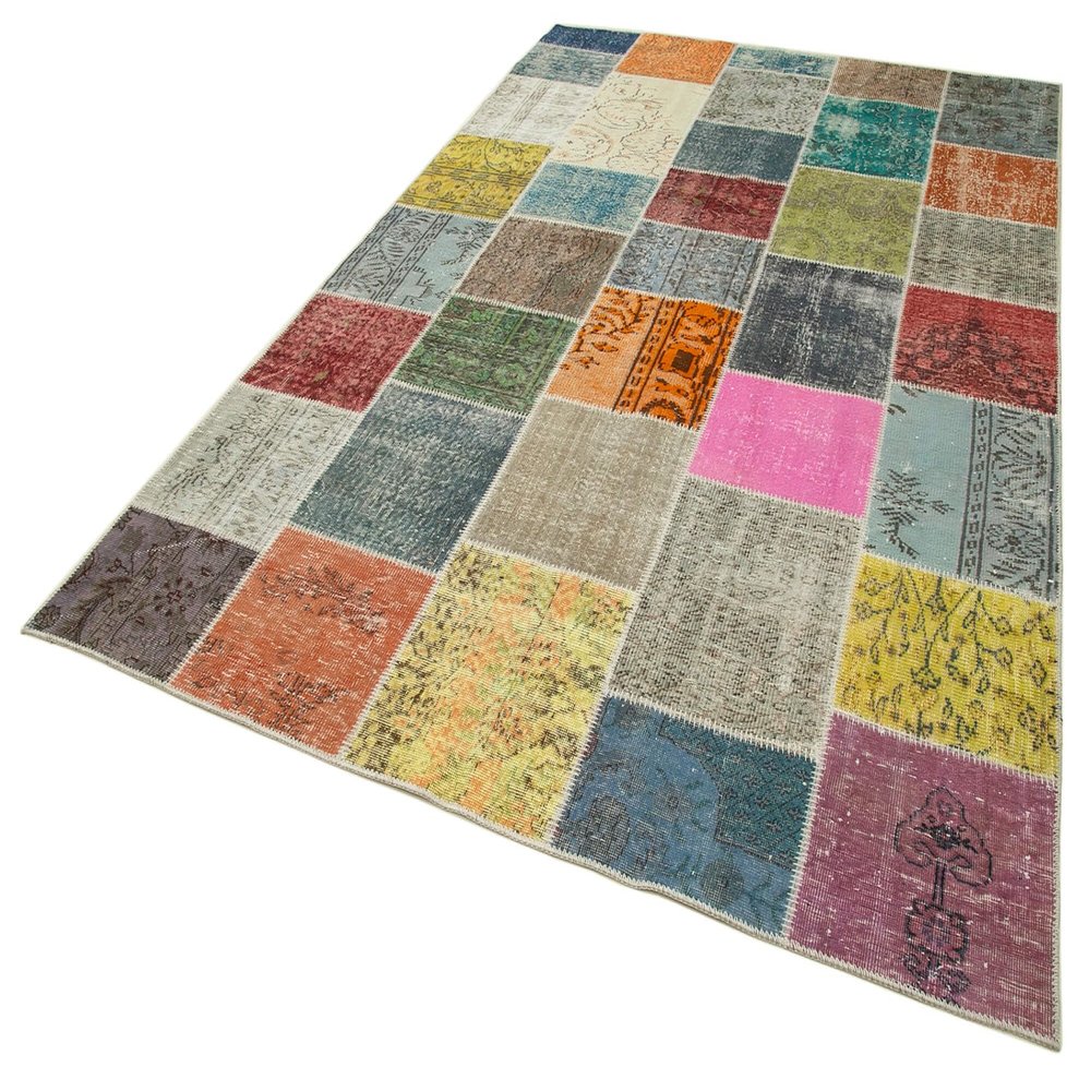 6'9" x 9'9" - 205 x 298 Cm Fourty Patch Grey Patchwork Bohemian Wool Cotton Handmade Handknotted Vintage Turkish Area Rug for Living Room Bedroom Nursery Hallway Indoor