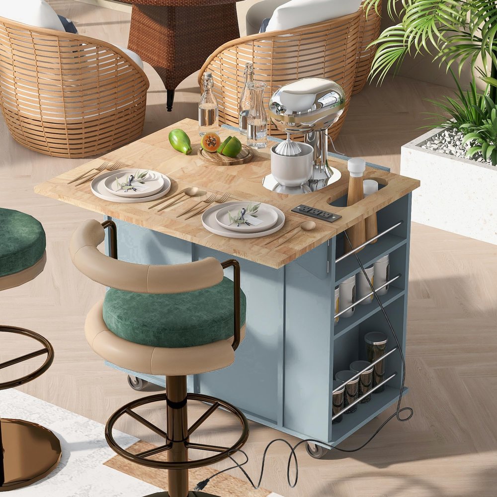 Kitchen Island with Drop Leaf,Dining Table Trolley with Power Outlet and Rubber Wood,Open Storage and Wine Rack,5 Wheels,with Adjustable Storage for Home, Kitchen, and Dining Room (Mint Green)