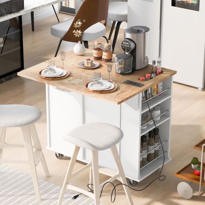 Gustonhon Kitchen Island with Drop Leaf,Dining Table Trolley with Power Outlet and Rubber Wood,Open Storage and Wine Rack,5 Wheels,with Adjustable Storage for Home, Kitchen, and Dining Room (White)