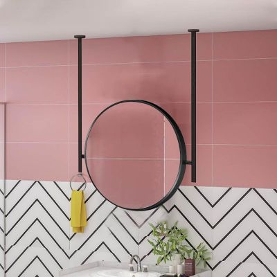 Round Mirror Ceiling Mounted Mirror for Bathroom, Wall Mirror Ceiling Hanging Rod Mirror, Black Metal Frame Mirror, Decorative Simple Glass Mirror - Circle (Size : Diameter-40CM/15.7INCH)