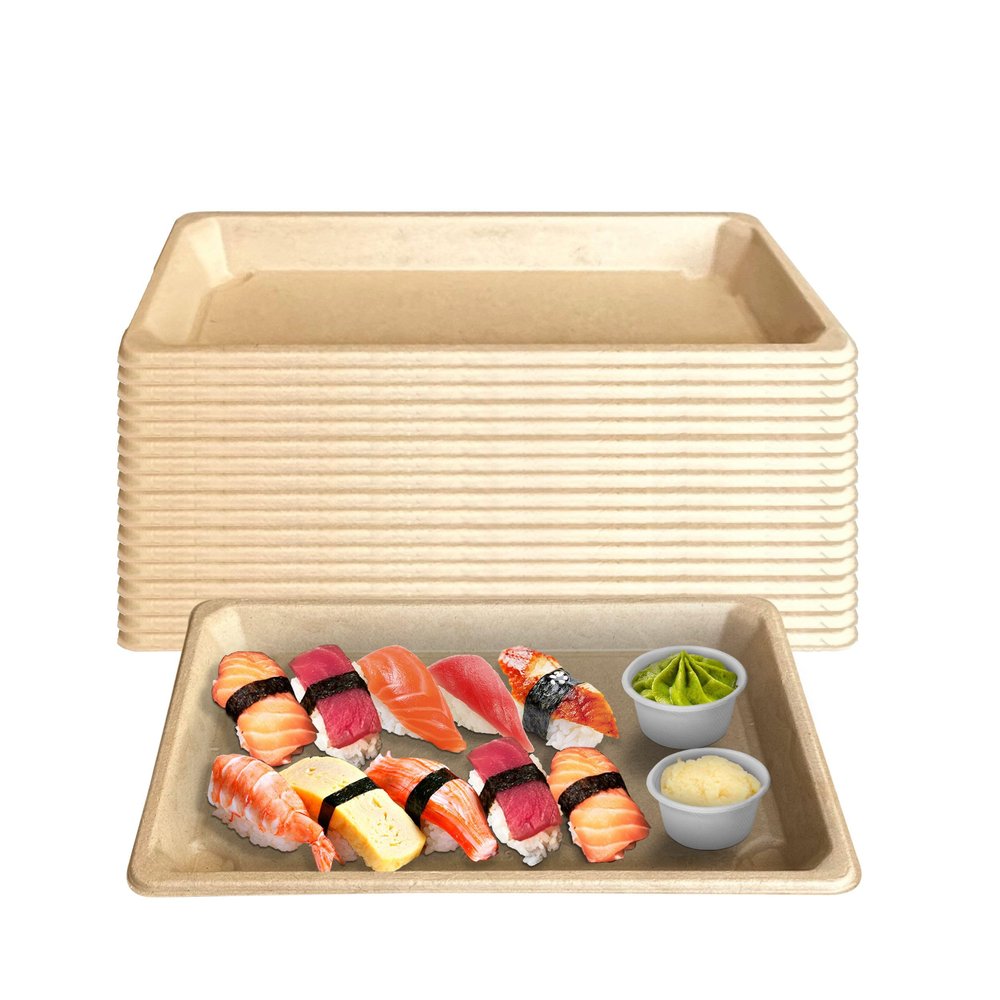 EcoQuality Compostable Sushi Trays Medium - Natural Sugarcane Bagasse Take Out Sushi Container - Biodegradable, Disposable Sushi Plate, Eco Friendly, Plastic Alternative, to go, Serving Tray (300)