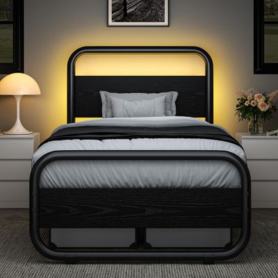 Catrimown Twin Bed Frame with LED Lights, Heavy Duty Metal Rustic Twin Platform Bed Frame with Wood Headboard, Under Bed Storage, Noise Free, No Box Spring Needed, Black