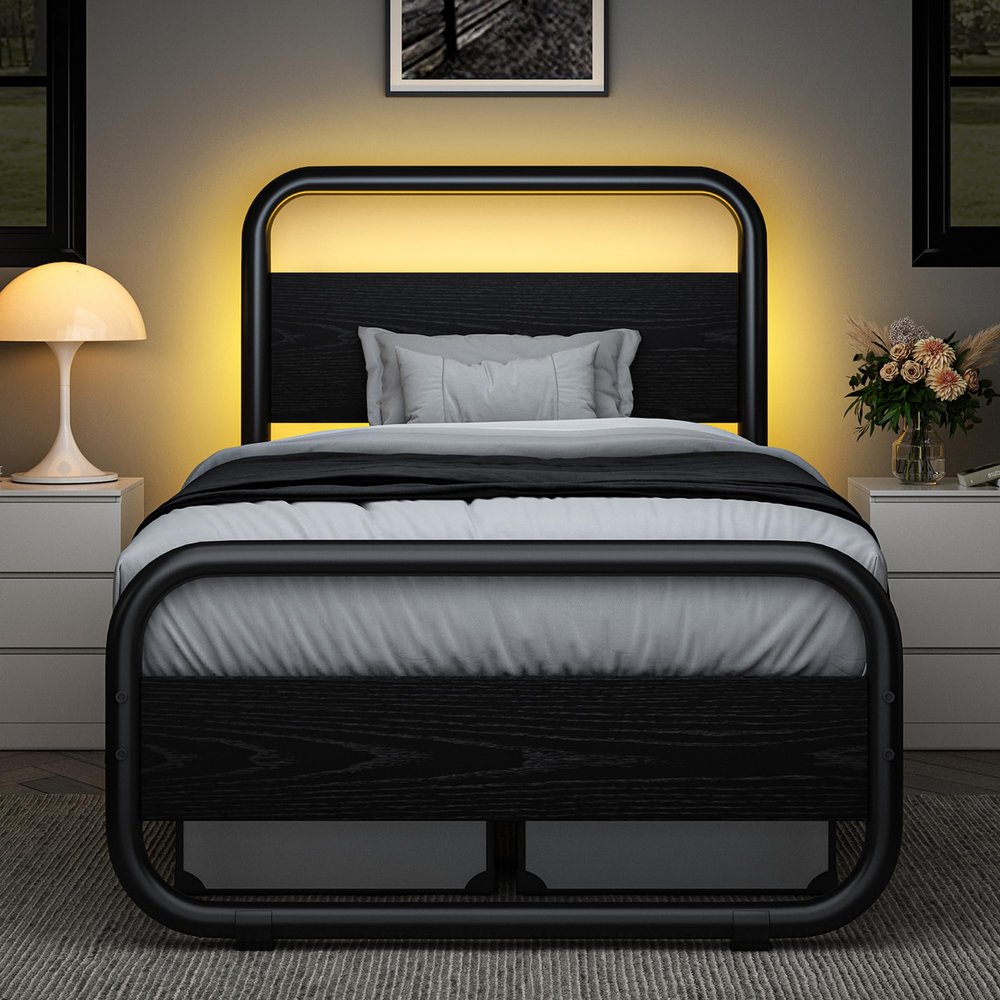 Catrimown Twin Bed Frame with LED Lights, Heavy Duty Metal Rustic Twin Platform Bed Frame with Wood Headboard, Under Bed Storage, Noise Free, No Box Spring Needed, Black