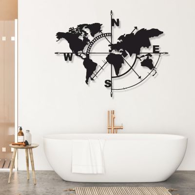 Metal Wall Art - World Map Compass Continent, Living Room Decor (39"x30" | 100x76cm, Black)