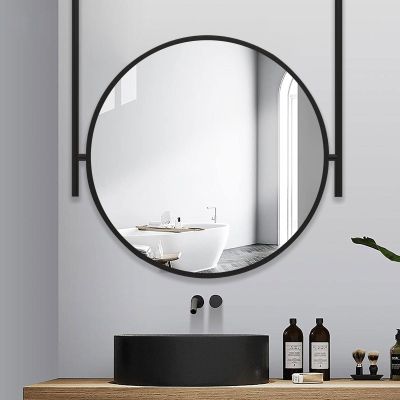 Drsyffsup Metal Ceiling Mounted Mirror with Ceiling Hanging Rod, Wall Vanity Mirrors Round Make-up Mirrors Cosmetic Decorative Mirrors for Bathroom Living Room - Black (Size : Diameter-60CM/23.6INCH)