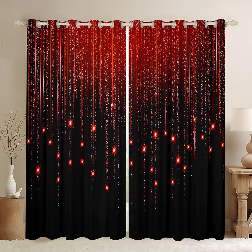 Abstract Ombre Curtains Red Black Teens Window Curtains for Bedroom Living Room for Boys Girls Women Kids Modern Geometric Window Drapes Treatments Glitter Galaxy Stars Decor 52W X 63L,2 Panels