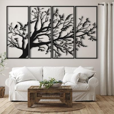ICEWQOQU Tree of Life Metal Wall Art Set of 4, 65"W x 39"H / 165x98 cm, Black