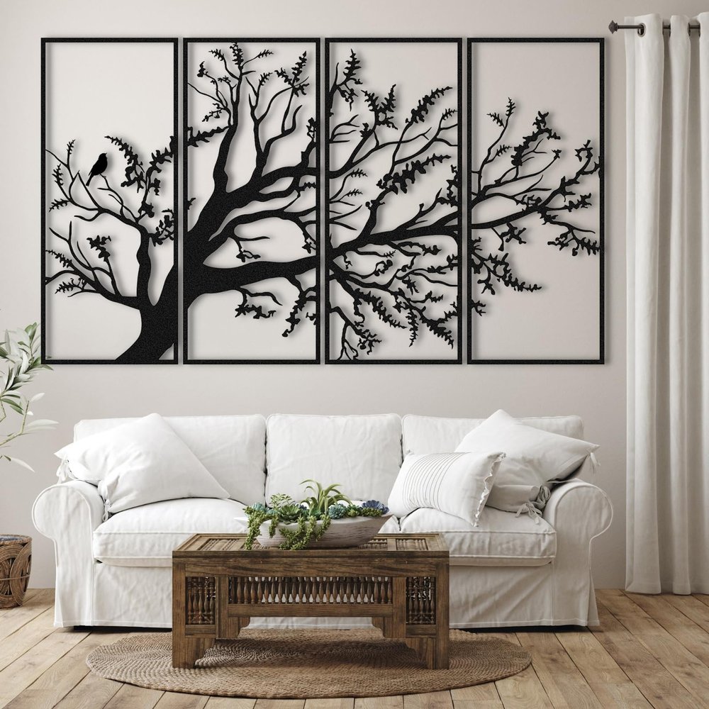 ICEWQOQU Tree of Life Metal Wall Art Set of 4, 65"W x 39"H / 165x98 cm, Black