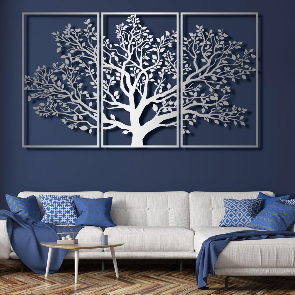 ICEWQOQU Tree of Life Wall Art, 3 Piece Metal Tree Wall Decor, Outdoor Metal Wall Art for Living Room, Bedroom, Bathroom, Hanging Over Bed Decor, Home Decor (34" W x 20" H / 87x50 cm, silver)