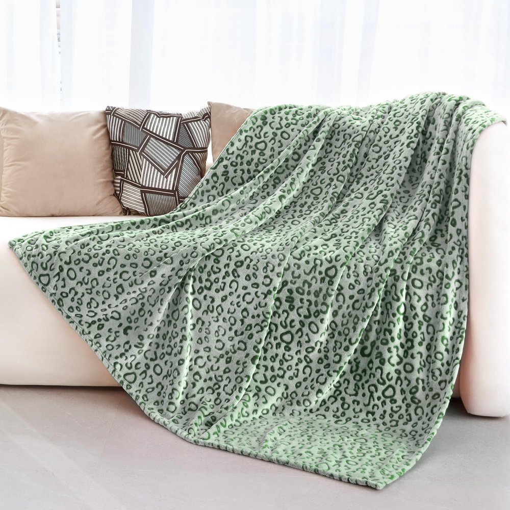 Green Leopard Print Blanket Fleece Blanket Plush Cozy Soft Green Throw Blanket Cozy Blankets for Couch Bed Sofa