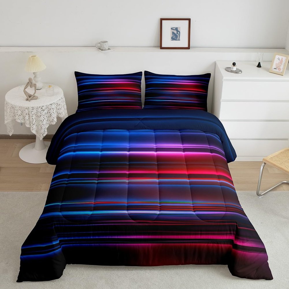 Feelyou Ombre Comforter Set Queen, Red Blue and Black Striped Bedding Set Gradient Contemporary Comforter for Kids Boys Girls Teens Modern Abstract Geometric Duvet Set Lightweight Quilt Set