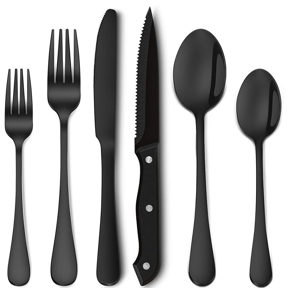 Black Silverware Set Utensil Sets Cutlery Set for 6 36-Pieces Forks Spoons And Knives Set Hammered Handle Kitchen Apartment Essentials Ergonomic Dishwasher Safe Durable Best Gift Combo Black