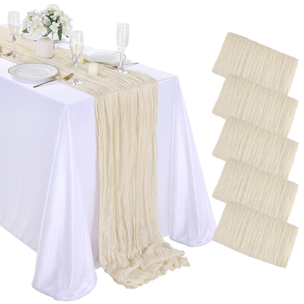 Beige Cheesecloth Table Runners 5 Pack 10Ft Rustic Boho Gauze Long Table Runner for Spring Wedding Arch Bridal Shower Table Decoration 35x120 Inch