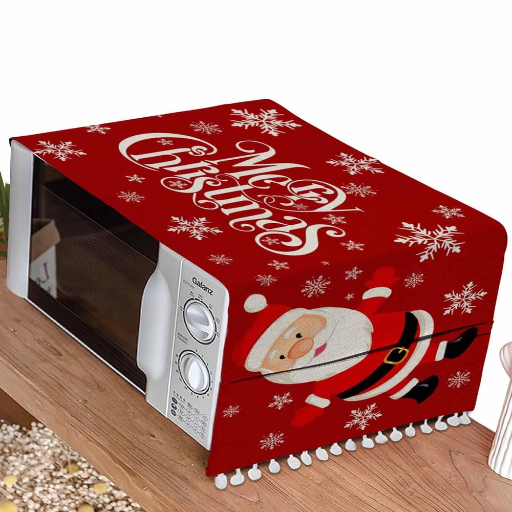 Merry Christmas Santa Microwave Dustproof Cover Washer Dust Cover Machine Protector, Red Winter Snowflake Berry Decorative Kitchen Appliance Cover with 2 Pockets 28x67
