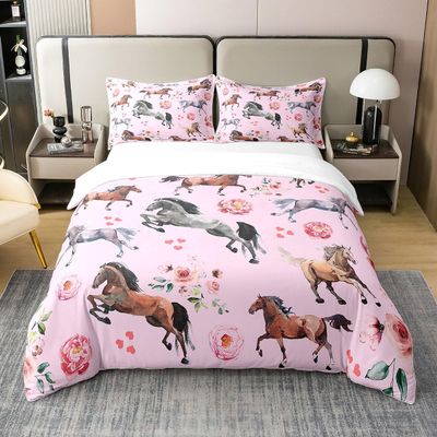 100% Cotton Horse Comforter Cover King Farm Western Cowboy Cowgirls Bedding Set for Kids Boys Girls Pink Rose Floral Duvet Cover with Lover Heart Decor Kawaii Horse Quilt Cover with 2 Pillowcases